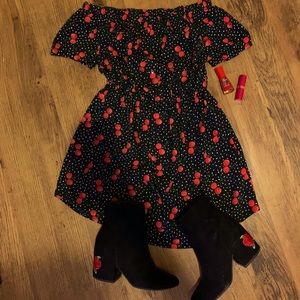 50s inspired black and white dress with cherries